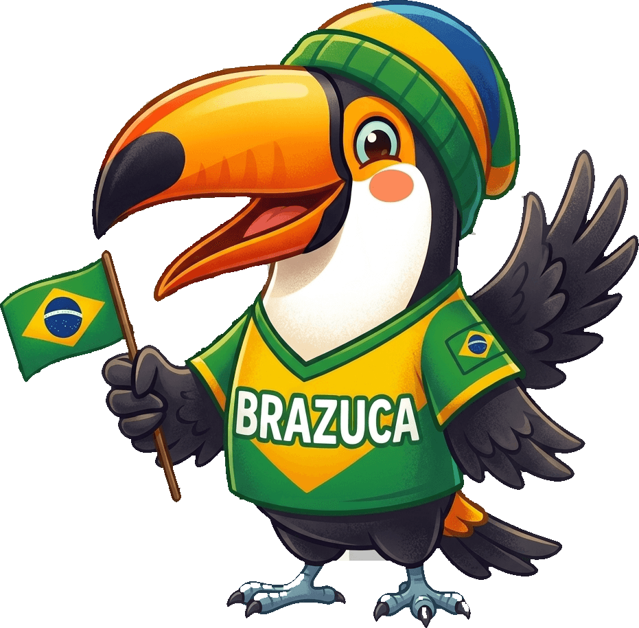 Zuca, o tucano mascote do Brazuca, segurando a bandeira do Brasil